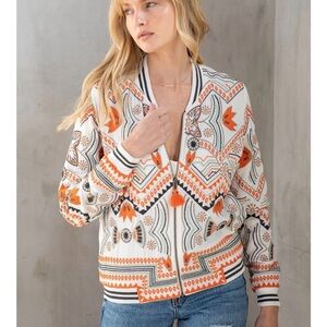 Love Stitch Freyja Embroidered Orange and Cream Bomber Jacket Boho Tassel Zip